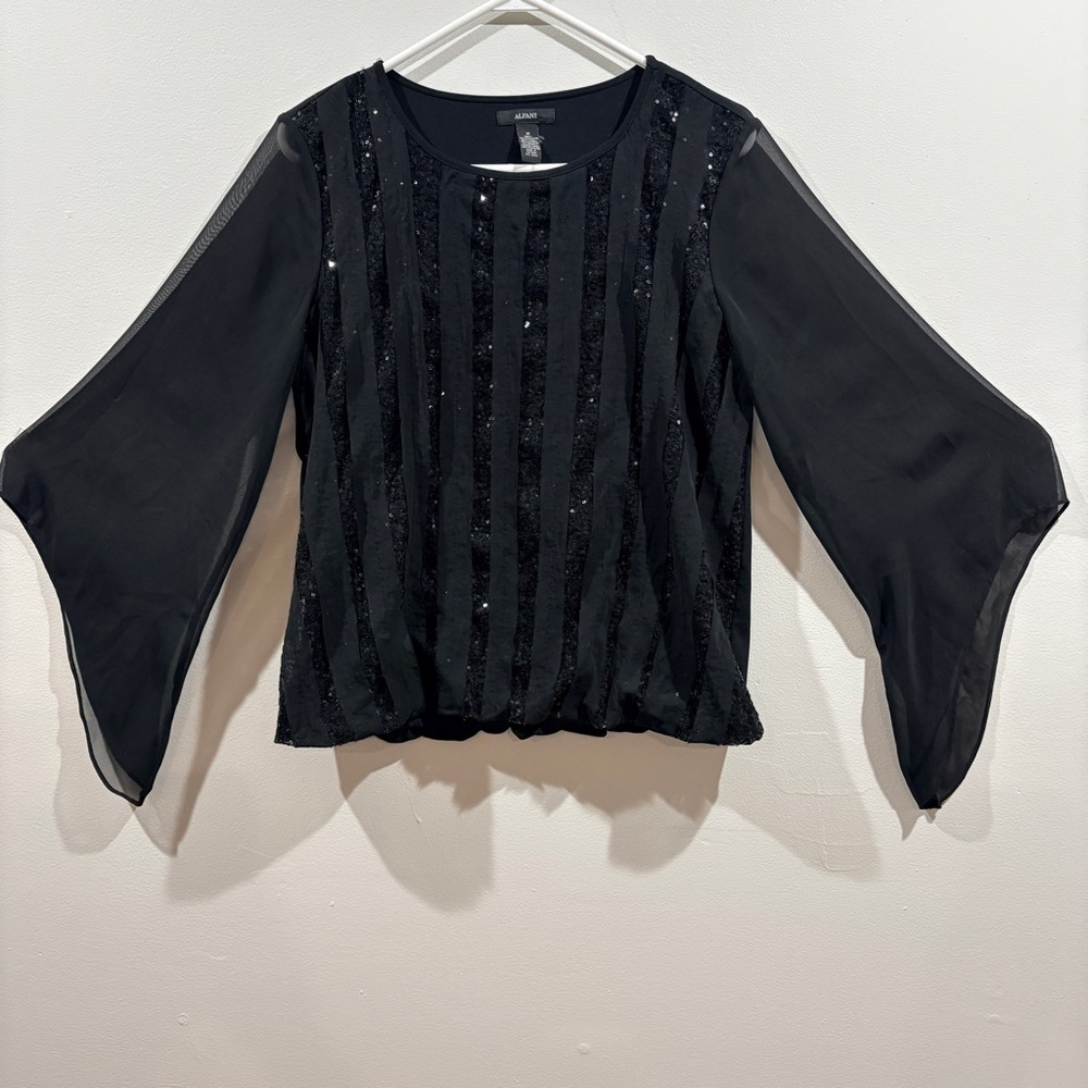 Women’s Black Sequin Blouse Holiday Party‎ Top Sheer Bell Sleeve Size M